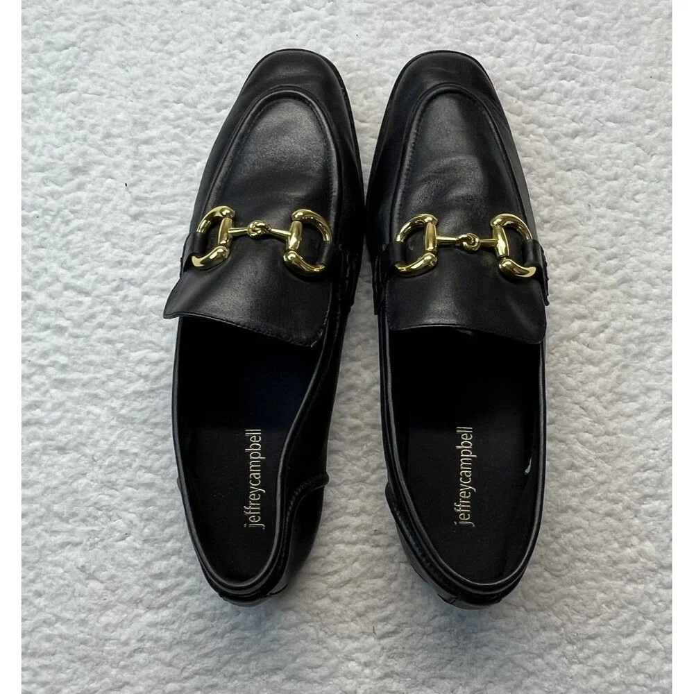 Jeffrey Campbell Loafers Womens 9.5 Black Leather Velviteen Gold Horsebit Shoes